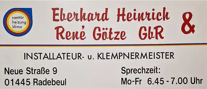 Altes Firmenschild Eberhard Heinrich & René Götze Installateur