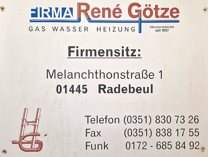 Altes Firmenschild René Götze Gas Wasser Heizung